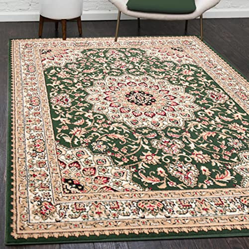 Mazovia Orientalisch Vintage Teppich - Kurzflor - Muster mit Medaillon - Traditioneller Teppich für Wohnzimmer, Esszimmer - ÖKO-TEX Wohnzimmerteppich - Grün 250 x 350 cm