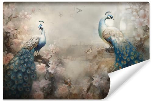 Muralo - 3D Tapete Vliestapete - Fototapete 3d Effekt - Tapete für Wohnzimmer Schlafzimmer Wandtapete - Fototapete - Blaue Pfaue, Blumen Motiv - Br.405cm x Hö.270cm