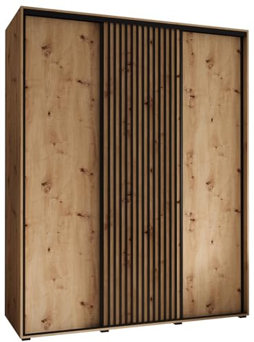 MEBLE KRYSPOL Lanko 1 Schrank mit DREI Schiebetüren mit Stange, Regale - Moderner Aufbewahrungsschrank für Schlafzimmer, Wohnzimmer - 235,2x200x60 cm - Artisan Artisan Schwarz