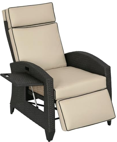 Outsunny Rattan Garden Recliner Chair with Cushion Footrest Khaki | PE Wicker, Adjustable Backrest, Reclining Garden Chairs, Sun Lounger, Armrests, Side Tray, Balcony, Porch