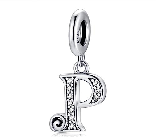 Pendentif Lettre P en Argent fin 925 et Oxyde de Zircon,Initial Charme Convient aux Pandora Bracelets et Colliers,Cadeau pour Femmes Filles Anniversaire