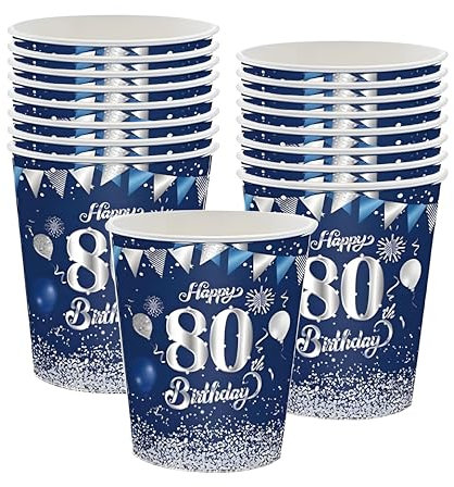 16-Pack 80th Birthday Paper Cups - Blue and Silver, 235ml Party Tableware for Girls, Kids, Her - Party Supplies and Table Decorations