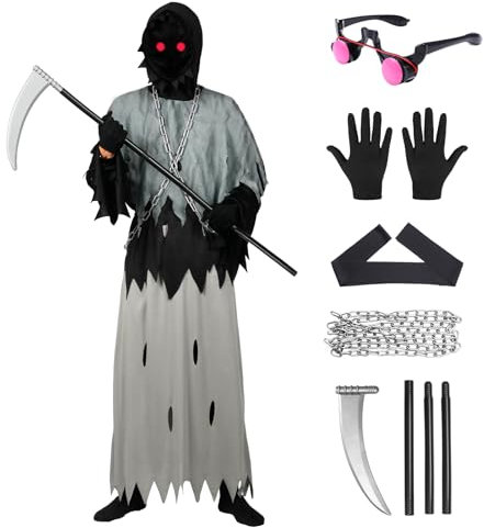 Harsever Sensenmann Kostüm, Scary Reaper Kostüm mit Sense Geisterketten Glühende Augen, Tod Kostüm Outfit Halloween Dress Up Party für Erwachsene Kinder (145)