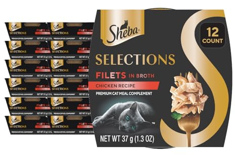 Sheba Selections Filets in Broth, Adult Cat Food Wet Recipe, Meal Complement, Chicken Recipe, 1.3 oz. Cups, 12 Count