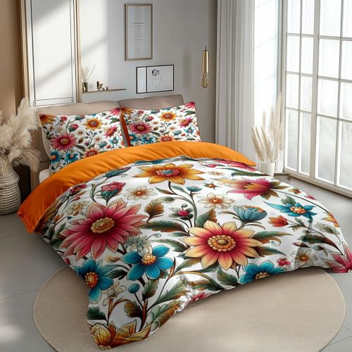 Small Double Size Printed Duvet Cover Set Premium Brushed Microfiber Bedding Set With Zipper Closure Ultrasoft Hypoallergenic Reversible Orange Duvet Covers Non Iron Colorful Floral Plant