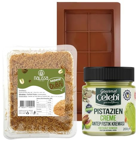 Kit Tablette Chocolat Dubaï – Moule Silicone Sans BPA + 200g Kadaif Croustillant Cheveux d’Ange + 200g Crème de Pistache Gourmande | Facile à Réaliser à la Maison | Pâtisserie Orientale