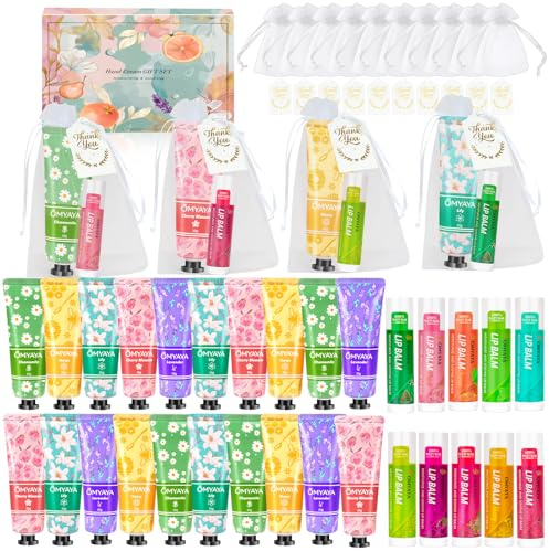 20 Pack Hand Cream Gift Set for Women - Birthday Gifts for Her with Lip Balm Bulk, Thank You Cards & Organza Bags - Pamper Gifts for Mum Wife Sister, Mothers Day Gifts