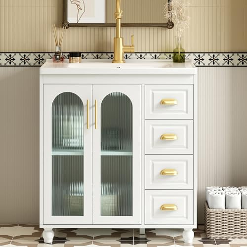 YuQozii Mueble de baño individual con armario bajo 80 cm con lavabo de cerámica, color blanco