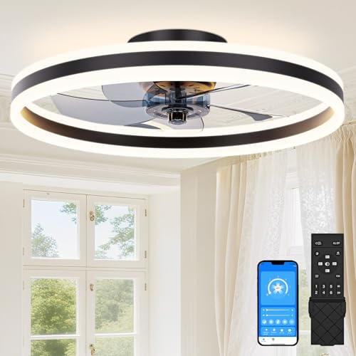 SUNKENET Ceiling Fans with Lights and Remote, 60cm Ceiling Fan Light, 3000K-6500K Dimmable Smart LED Fan Light, 6 Wind Speeds & Reversible, Black Modern Queit Fan Light Ceiling for Bedroom
