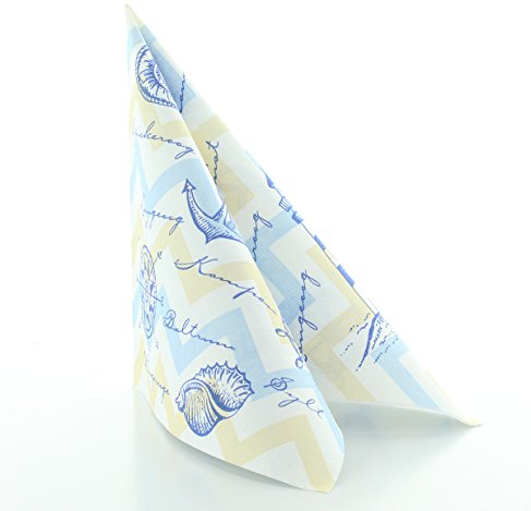 Sovie HORECA Airlaid Serviette MARITIM 40 x 40 cm, 1/4 Falz, 50 Stück – Servietten mit maritimen Motiven in Hellblau & Beige – Leuchtturm, Seestern, Muscheln, Anker, Steuerrad
