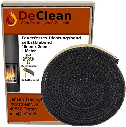 DeClean Kamindichtung Ofendichtschnur – selbstklebendes Ofendichtband – hitzebeständig bis 550° C – aus hochwertigen Glasfasern – Breite 10 x 2mm – Längen: 1 Meter
