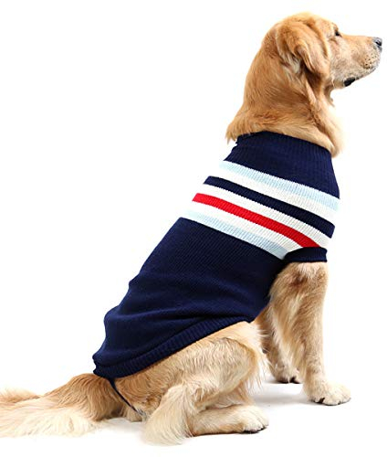 Petyoung Modischer gestreifter Hundepullover, Warmer Mantel, Strickwolle, Winterpullover für kleine, mittelgroße und große Hunde (Blauer Streifen, XL28)