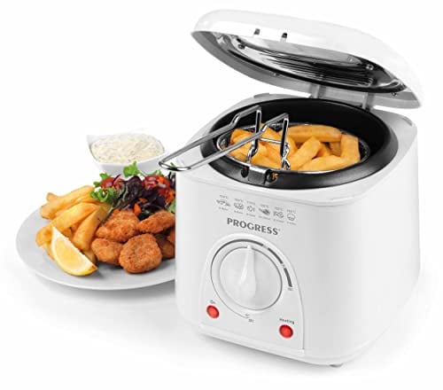 Progress EK2969P Electric 1L Mini Deep Fat Fryer - Removable Cooking Basket, Easy Clean, Non-Slip, Variable Temperature Control To 190°, Non-Stick Oil Tank, Detachable Handle, Countertop Chip Pan