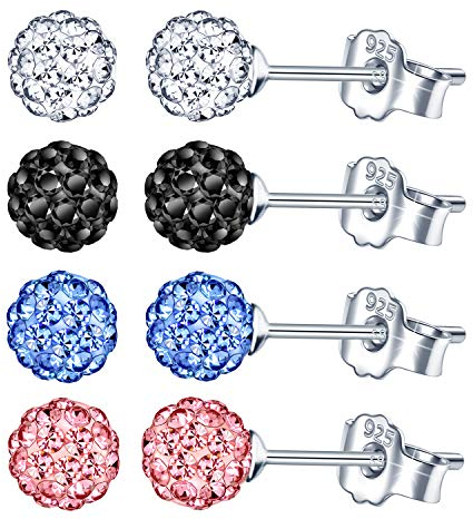 Yumilok 4 paar Damen Ohrstecker 925 Sterling Silber Disco-Kugel Perlen Schamballa Zirkonia 6mm Ohrklemme Ohrringe Ohrschmuck für Damen Mädchen