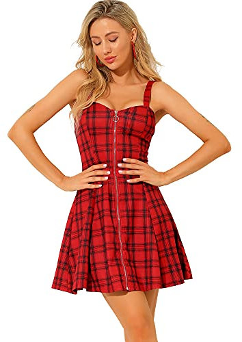 Allegra K Robe sans Manches à Carreaux avec Fermeture à glissière sur Le Devant pour Femmes fête Festival Vacances Rouge S