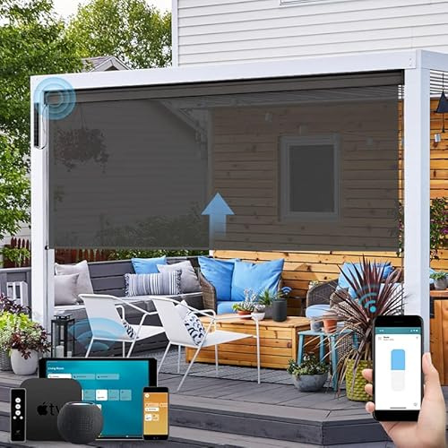 SmartWings Motorized Outdoor Patio Shades Roll Up Blinds for Porch Waterproof Work with Homekit Window Shade Smart Motor Remote Control Screen Sun Roller Shade Blinds Custom, 5% Openness Dark Grey