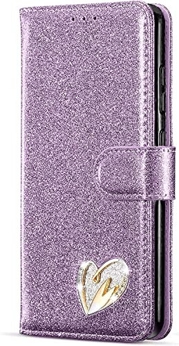 MHtech Case For Apple iPhone X, XS, Phone Case Shiny Leather Bling Glitter Book Flip Stand Card Wallet Protective Cover For iPhone X/XS Phone (Purple)