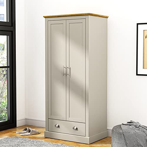 Galano Sufy 2 Door Wardrobe with Drawer – Freestanding Closet with Hanging Rail & Storage – Bedroom Furniture - Light Grey