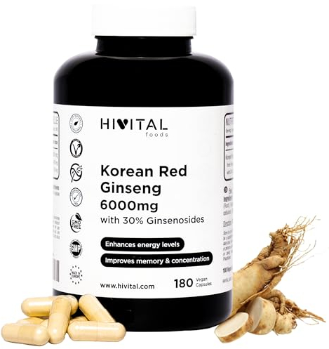 Koreanischer Roter Ginseng 6000 mg. 180 vegane Kapseln für 6 Monate. Natürlicher Wurzelextrakt 15:1 mit 30% Ginsenosiden pro Kapsel. Hergestellt von HIVITAL