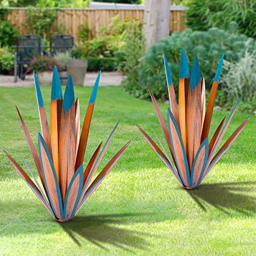 TOMBABY Pianta di agave in metallo ispessita con foglie grandi, decorazione per esterni, giardino, decorazione in metallo, decorazione floreale, regalo (2, blu)