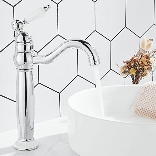 Maynosi Grifos de Lavabo Baño, Grifo Lavabo Caño Alto, Monomando Grifos Baño de Vendimia, Agua Fría y Caliente, Estilo Tradicional, Caño giratorio 360°, Incluyen Tubos Flexibles, Latón (Cromo)