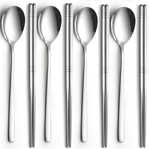tiokin Set di 4 cucchiai e bacchette, set di 4 paia di bacchette in acciaio inossidabile,coreane e cucchiai, riutilizzabili, con manico lungo piatto, set di cucchiai per casa, cucina o