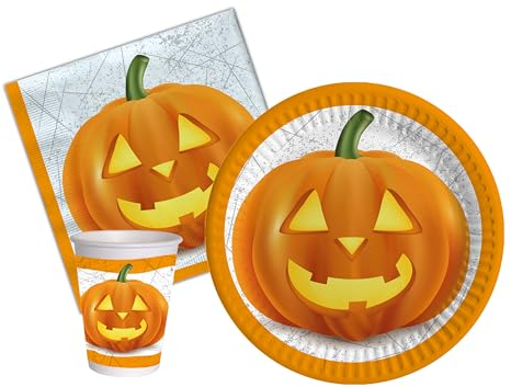Ciao- Kit Vajilla de Fiesta Halloween (platos, vasos, servilletas), Color naranja, blanco, 24 personas (AZ170)