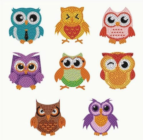 Syntego 8pcs 5D Diamond Art Assorted Cute Owl Magnets DIY Diamond Magnet Kit for Beginners Arts and Crafts