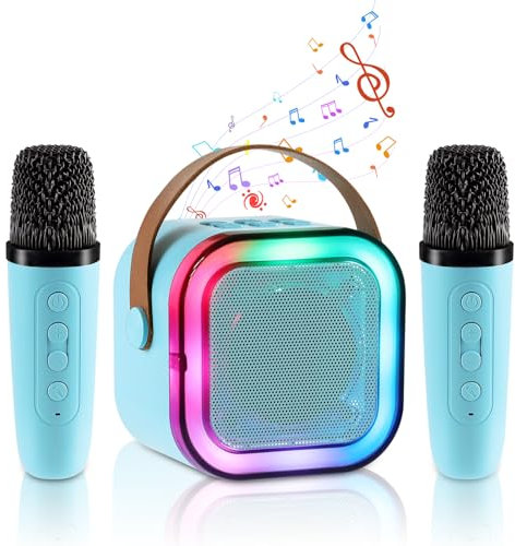 Aischens Mini Karaoke Infantil con 2 Micrófonos Inalámbricos, Karaoke Bluetooth Portátil con Luces LED para Niños y Adultos, Micrófono Karaoke Juguete con Efectos de Cambio de Voz, Regalos para Niños