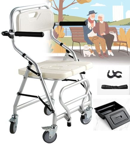 GNbow Commode Chair on Wheels, Commode Toilet Chair with Wheels, Shower Wheelchairs for The Disabled, Folding Bath Chair with Armrests and Backrest for Elderly and Disabled People
