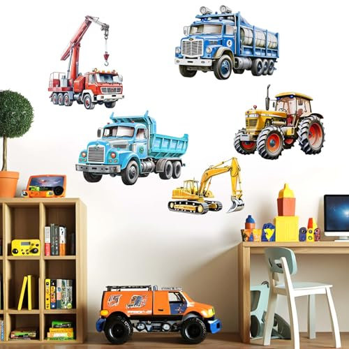 Baufahrzeug Automobil Wandaufkleber für Jungen Wandtattoo - LKW Fahrzeug Bau Traktor Wandabziehbilder - Wandsticker Kind Produkte Alter 1 2 3 4 5 6 7 8 9 10 11 12 Jahre