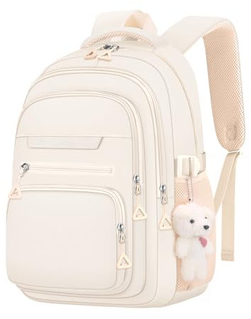 KBTYE Niedlicher Mädchen-Rucksack für Schule, Kinder, Reisen, College, Rucksack für Frauen, Teenager, Studenten, Büchertaschen, ästhetischer Laptop-Tasche, Beige, 17.3 x 12.6 x 6.7 inches, Causal