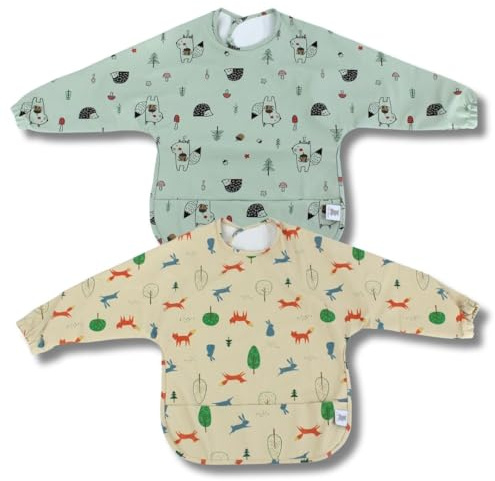 Hello Hippo - Lätzchen mit langen Ärmeln, für Babys, wasserdicht, verstellbar und leicht zu reinigen, wasserdichte Schürze für Mahlzeiten und Aktivitäten (6-12 Monate), mehrfarbig, One size