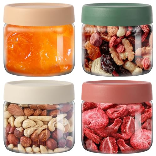 Glass Storage Jars with Airtight Lids, 300 ml Food Containers for Meal Prep Set of 4 Food-Grade Glass BPA-Free Wide Opening Multi-Coloured Food Preserving and Storage Stackable Overnight Oats Yogurt