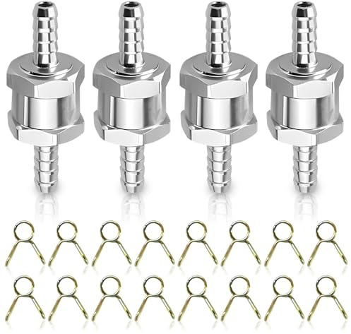 4 PCS 8mm Fuel Check Valve, One Way Aluminium Fuel Valves with 16 Clamps Aluminium Petrol 1-Way Valves Non Return Valve for Marine Car Auto Carburettor