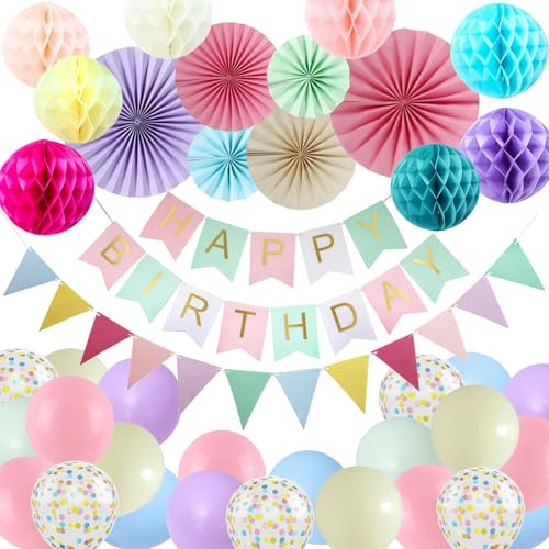 46PCS Pastel Birthday Party Decorations,More accessories than other sellers，Macaron Happy Birthday Banner ,Bunting,Hanging Paper Fans, Pom Poms,Honeycomb Decorations Set
