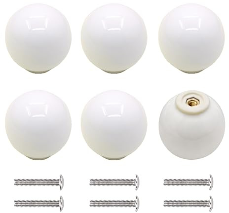 Kacrilidi 6 Stück Keramische Möbelknöpfe, Bunte Kugel Schrankknöpfe mit Schrauben, 33mm Runde Möbelgriff für Schubladen, Schränke, Kommoden, Wohnzimmer, Weiß