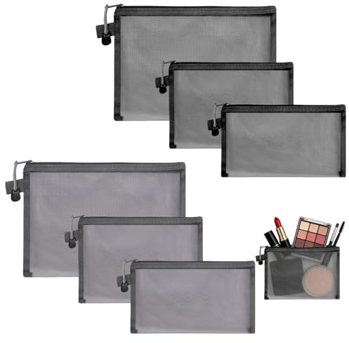 Bolsas malla 6 unidades, organizador maquillaje portátil, 3 tamaños, negro y gris para viaje y cosméticos