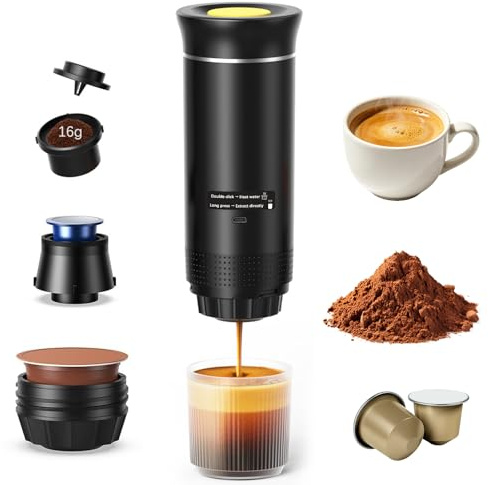 Machine à Café Portable, Machine à Expresso avec Affichage Numérique | Machine à Café à Dosettes 3 en 1 Sans fil, Capsules Compatibles et Café Moulu, pour Camping Bureau Maison Voiture