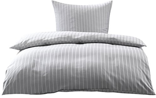 Bettwaesche-mit-Stil Mako Satin Damast Streifen Wendebettwäsche Santiago gestreift (Silber - grau, 135cm x 200cm + 80cm x 80cm)