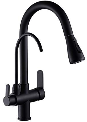3 Wege Wasserhahn Küche - Spültischarmatur, 3 In 1 Mischbatterie Für Wasserfilter, Messing Schwarz 360° Drehbar Küchenarmatur Mit Ausziehbrause - 2 Strahlarten, Trinkwasserhahn Mit 2 Hebel