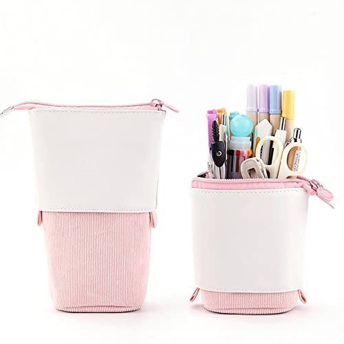 RPEIXYA Federmäppchen Kinder Ständer Bleistifthalter PU Cord Niedlicher Kosmetiktasche Organizer Teleskopisch Mäppchen Schreibwarenbeutel Reißverschluss Bleistift Tasche für Jungen und Mädchen (Rosa)