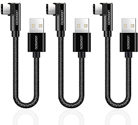 aceyoon Cable USB C 90 Grados, 3 Pack 20cm Cable Codo USB C Carga Rápida y Sincronización Nylon Trenzado Cargador Tipo C Corto para iPhone 15, para Galaxy S21/S20/S10, para Huawei P40 etc