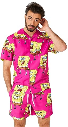 OppoSuits 2-teiliges Hawaii Sommer-Set für Herren - Spongebob Beach Swim Wear - Tailliertes Outfit - Inklusive Kurzarmhemd und Shorts