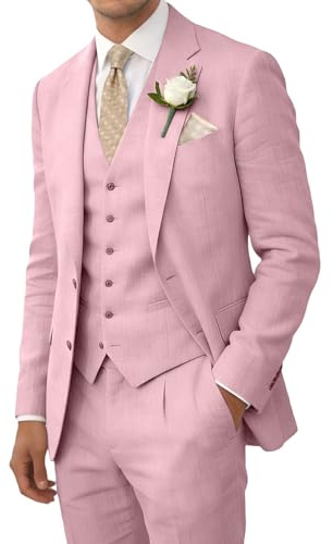 Wehilion retrò Lino Uomini Abiti Spiaggia Matrimonio Vestito Estate Slim Fit 3 Pezzi Leggero Traspirante Giacca Gilet Pantaloni Smoking, Rosa, L