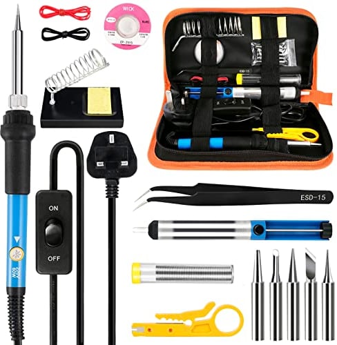 Soldering Iron Kit,60W Soldering-Iron Gun with Adjustable Temp 200-450°C and ON/Off Switch,5 Soldering Tips, Desoldering Pump,2 in 1 Wire Stripper Cutter, Soldering Iron Stand, Tool Case