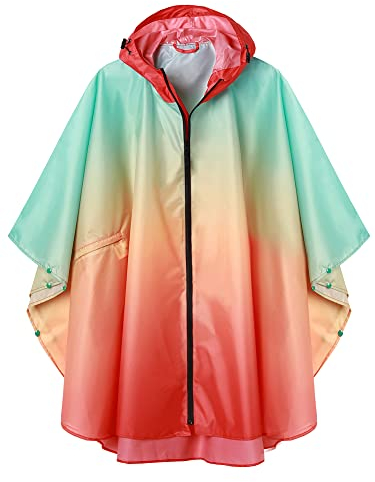Regen Poncho Jacke Mantel für Erwachsene mit Kapuze wasserdicht mit Reißverschluss im Freien, Grün+Gelb+Rot