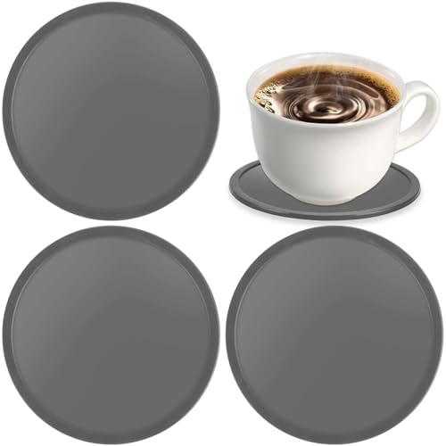 3 Pcs Silicone Coasters for Drinks, Grey Round Mugs Coasters, Drink Coaster Pads Mats Non Slip for Coffee Beer Mug Wine Glass Home and Bar