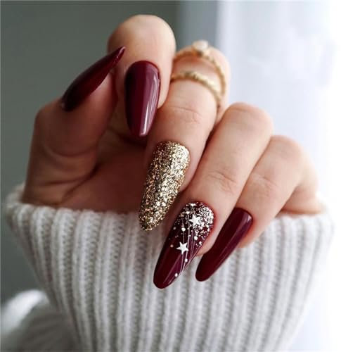 Christmas Fake Nail Short Almond Wine Red Gold Press on Nails Tips Nail Art Decoration for Women and Girls Manicure 24pcs