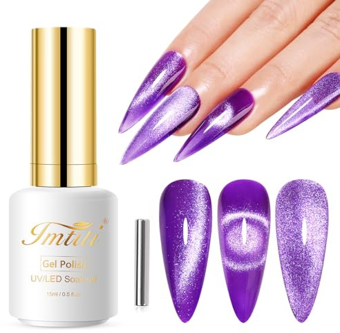 Imtiti Cat Eye Gel Nail Polish, 15ML Purple Holographic Glitter, Magnetic UV LED Gel Polish, Crystal Galaxy Sparkly Home DIY Manicure Nail Salon Kit